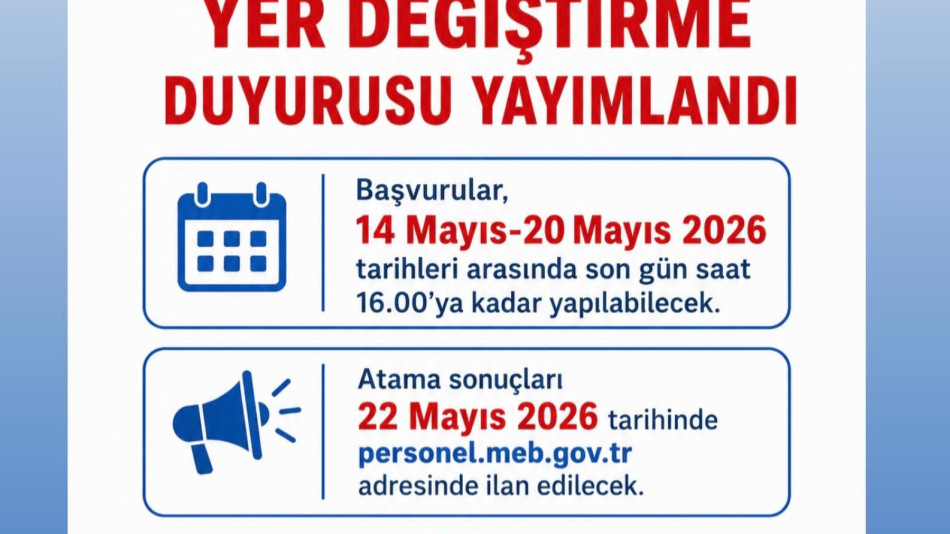 Öğretmenlerin İller Arası İsteğe Bağlı Yer Değiştirme Duyurusu Yayımlandı